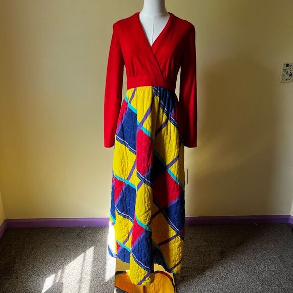 Handmade Vintage Maxi Dress Quilted Skirt Small Colorblock Patchwork Cottagecore - Picture 9 of 9